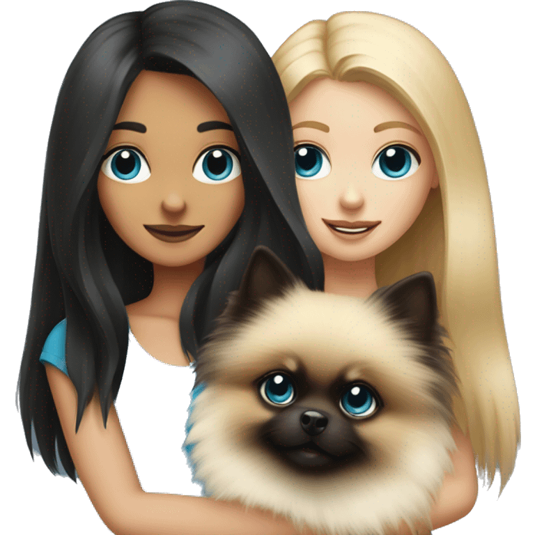 A blonde girl with blue eyes holds a black pomeranian in her hands emoji