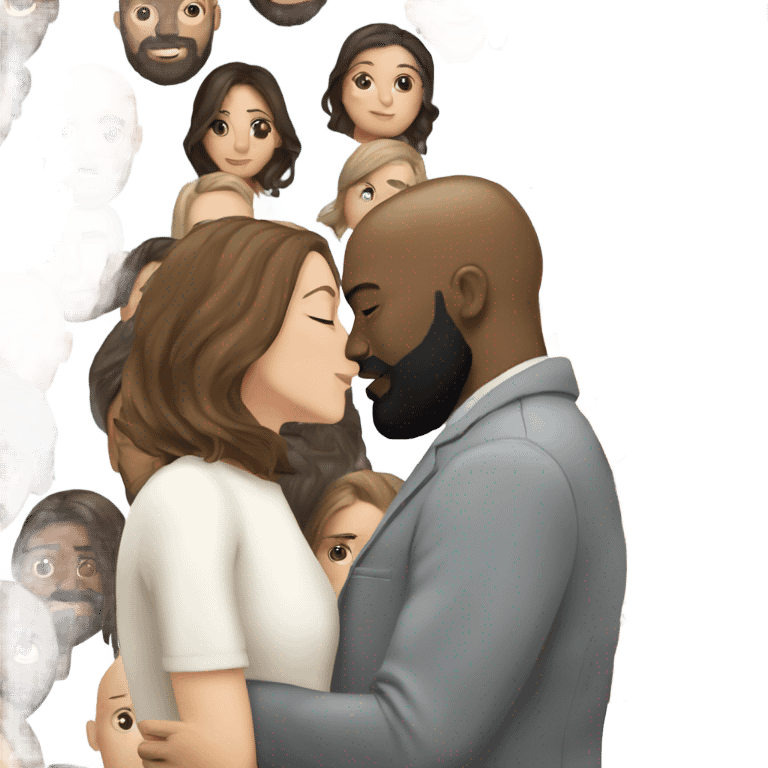 White girl brunette kissing black bald man with beard emoji