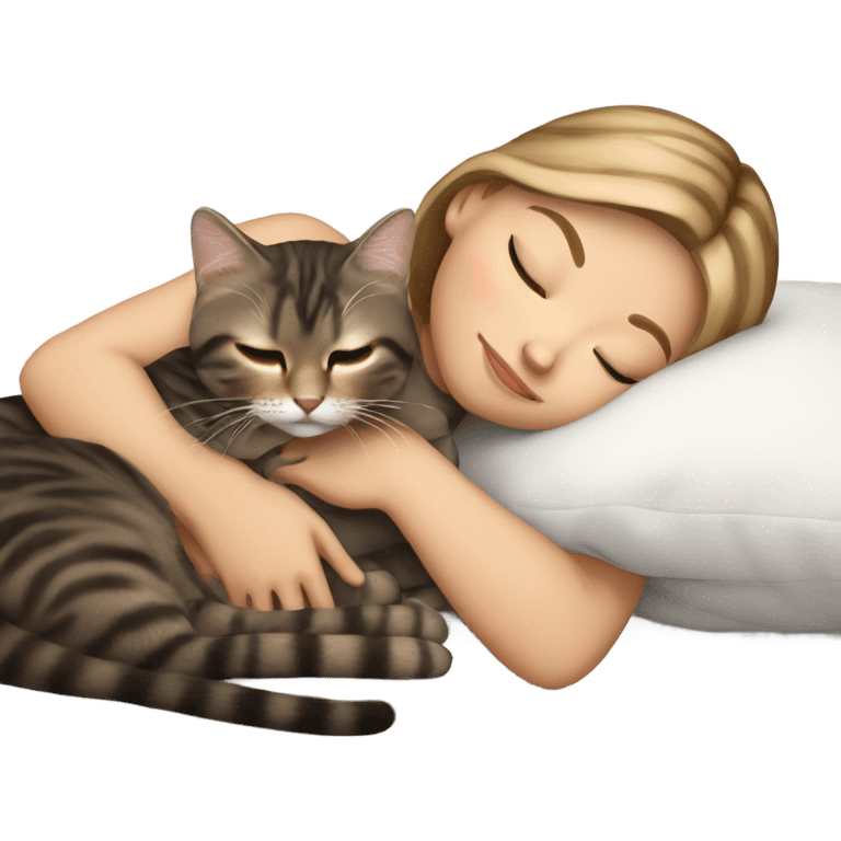 White girl dark blonde hair sleeping with dark brown tabby kitty emoji