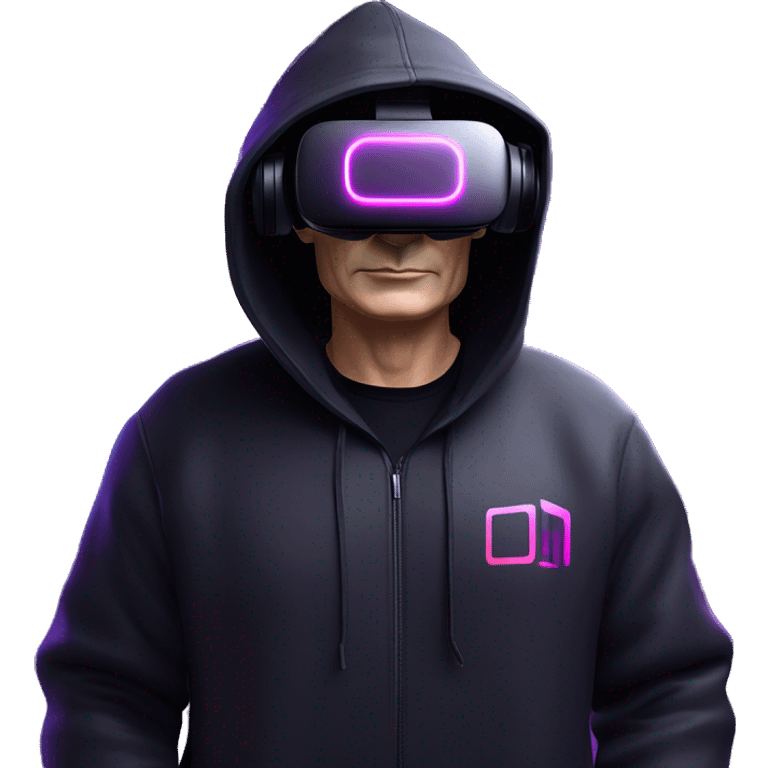 Vladimir Putin wearing a black hoodie with "OMG" letters on it and VR headset oculus quest 2 in a cyberpunk VR environment with violet neon lighting. emoji