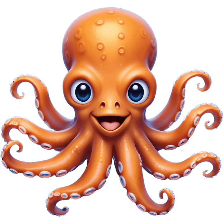 Cinematic Comical smirking Octopus Portrait Emoji, Head tilted dramatically with an exaggeratedly amused expression, featuring a rotund, light orange body festooned with bold blue rings and eight wildly expressive arms with comically animated suckers, Simplified yet hilariously expressive features, highly detailed, glowing with a slightly sassy underwater glow, high shine, dramatic yet playful, stylized with an air of quirky marine mischief, soft glowing outline, capturing the essence of a meme-worthy octopus that looks ready to squirt its way into viral fame! emoji