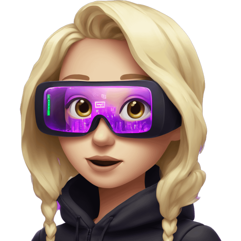 Russian cute blond girl wearing black hoody with violet letters "OMG", in vr headset. Cyberpunk style. Violet neon. emoji