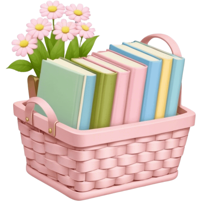 Pastel pink pastel yellow pastel blue and matcha colored books in a basket with flowers emoji