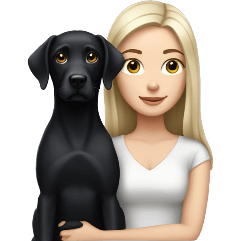 white girl with long straight black hair holds her black Labrador emoji