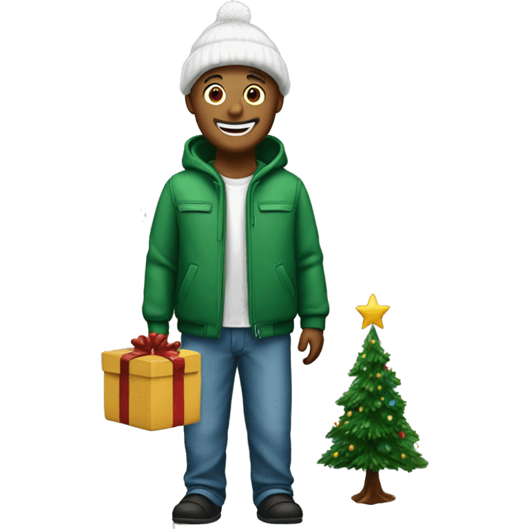 A person who is happy and has a Christmas tree next to him emoji