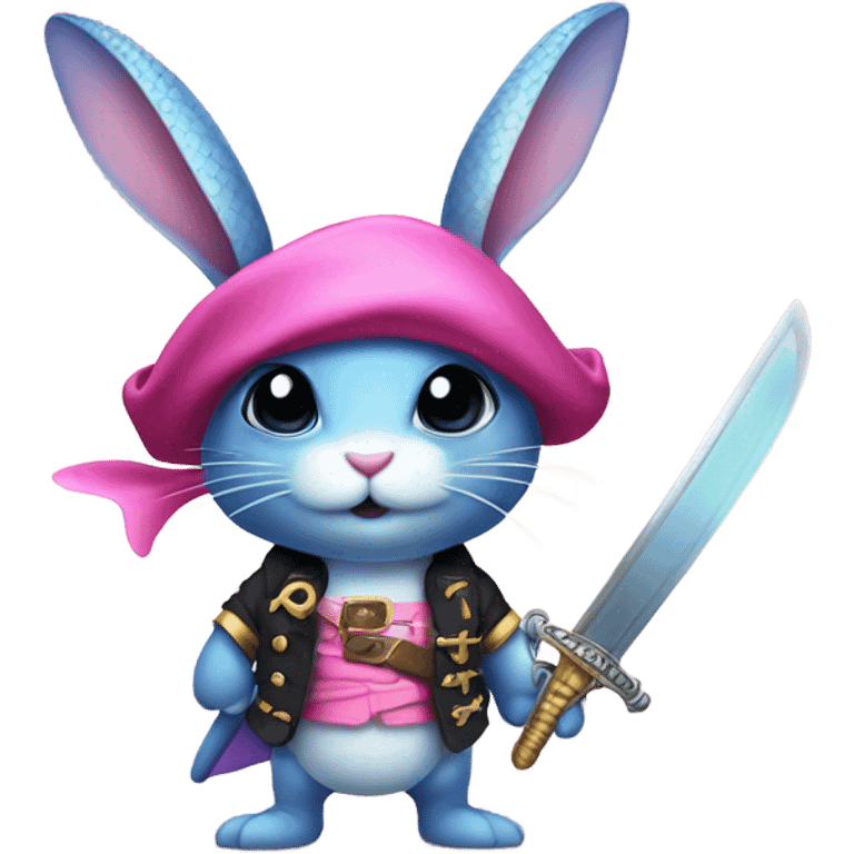 Rainbow fish bunny wearing pink pirate clothes and sword emoji