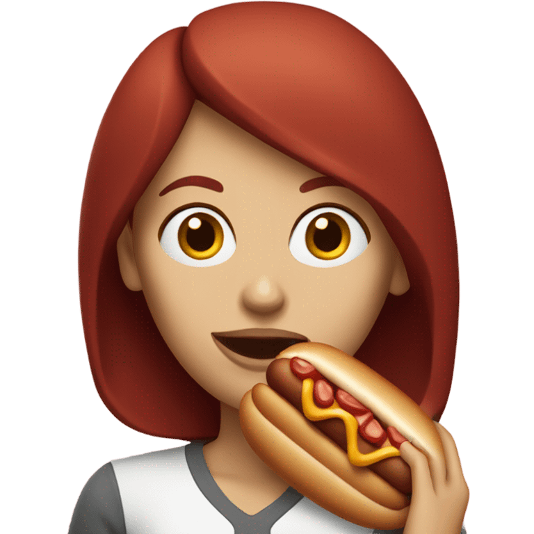 White woman with dark red hair eating hotdog emoji