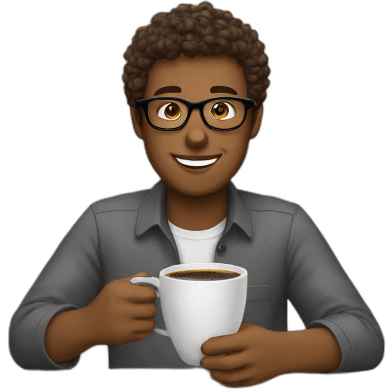 guy with short curly hair wearing glasses drinking a cup of coffee emoji