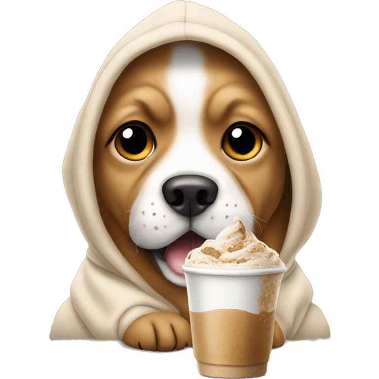 Dog wearing a hoodie eating a puppachino emoji