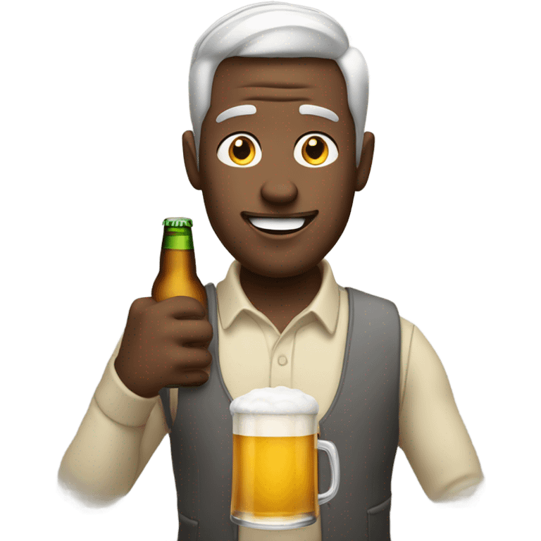 A happy white guy with a beer looking at a phone emoji