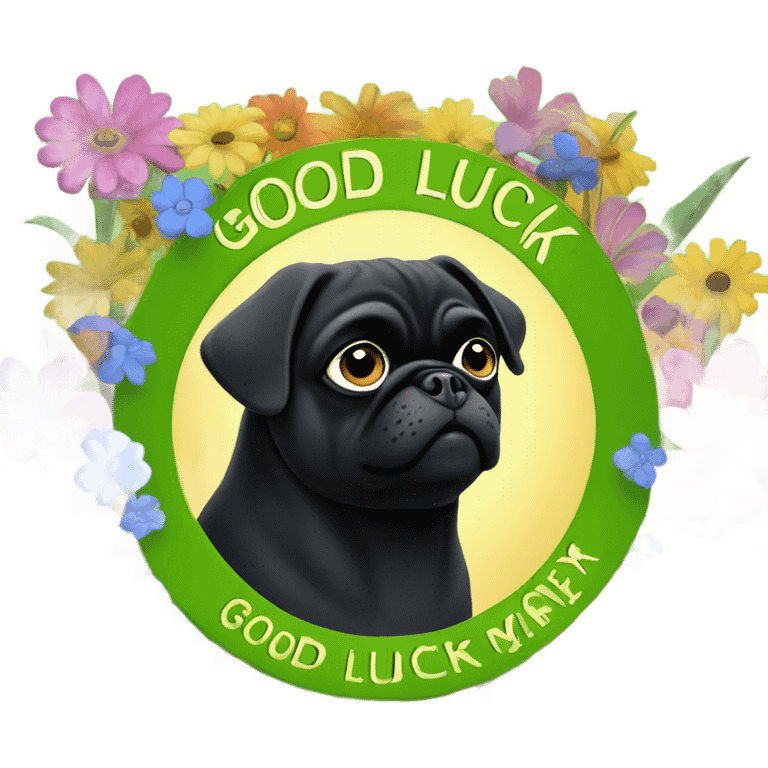 Black pug , surrounded by flowers, holding a green sign that says “good luck”  emoji