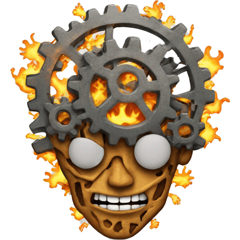 A brain made out of gears with flames licking out from between the gears emoji