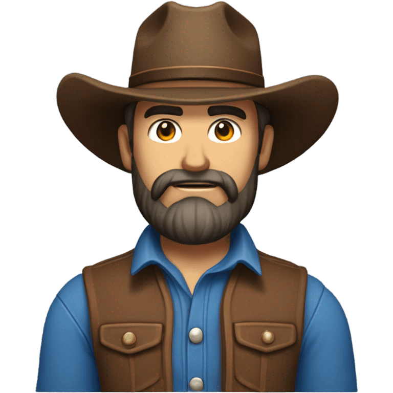 a rugged cowboy with a thick beard, wearing a blue vest over a classic western shirt. He should have a confident stance, showing full torso emoji