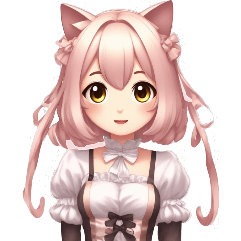 Gorgeous anime style catgirl with blushing face with maid outfit laces idol model kawaiicore pearly petite simplistic aesthetic trending style emoji