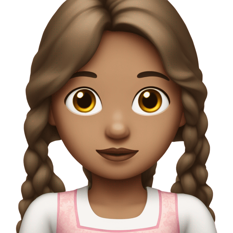 Little Girl with White skin, black eyes. Long brown hair with. She is wearing a pink and White dress emoji