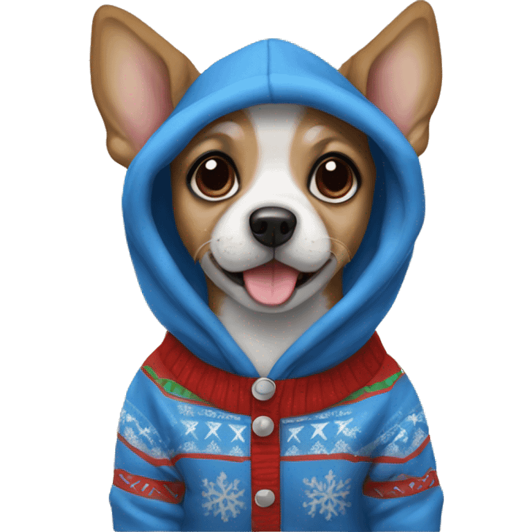 small dog wearing blue christmas hoodie  emoji