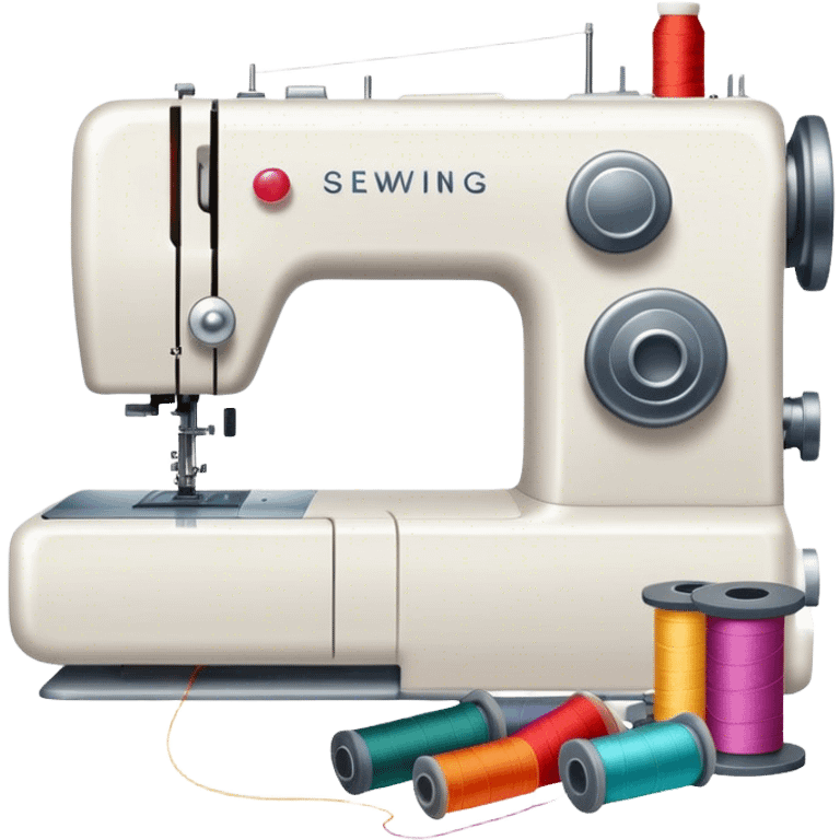 Sewing icon, sewing machine with thread, visible needle, spools of thread, fabric pieces, and scissors, a piece of clothing or textile in progress, minimalistic style, clean lines, transparent background. emoji