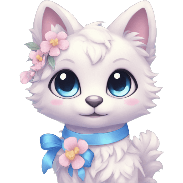 Anthro Cute Cool Blushing Pastel Innocent Shy Kawaii gorgeous sparkly ethereal fantasy animal creature with blue eyes furry sona with flowers and ribbons beautiful aesthetic emoji