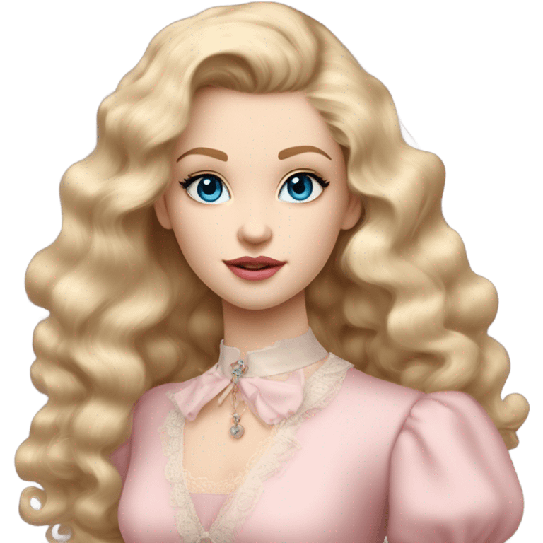 girl blonde hair pale skin blue eyes. Pink lips blush skinny nose siren eyes (model face) (but not too much). Vintage blowout with long hair not too curly.  light pink dress, puffed sleeves, dainty choker necklace (think Versailles but not too much).  emoji