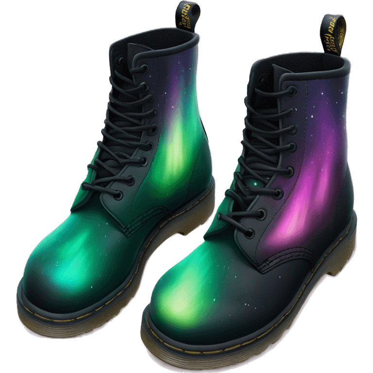 Realistic isolated top view of a pair of black Dr.Martens Boots with Northern Lights Scene on them. emoji