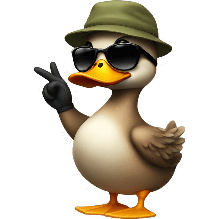 A really cool duck wearing sunglasses and a backwards cap giving finger guns emoji