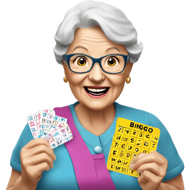 Create a 3d hyper realistic photo of a senior woman holding a bingo card emoji