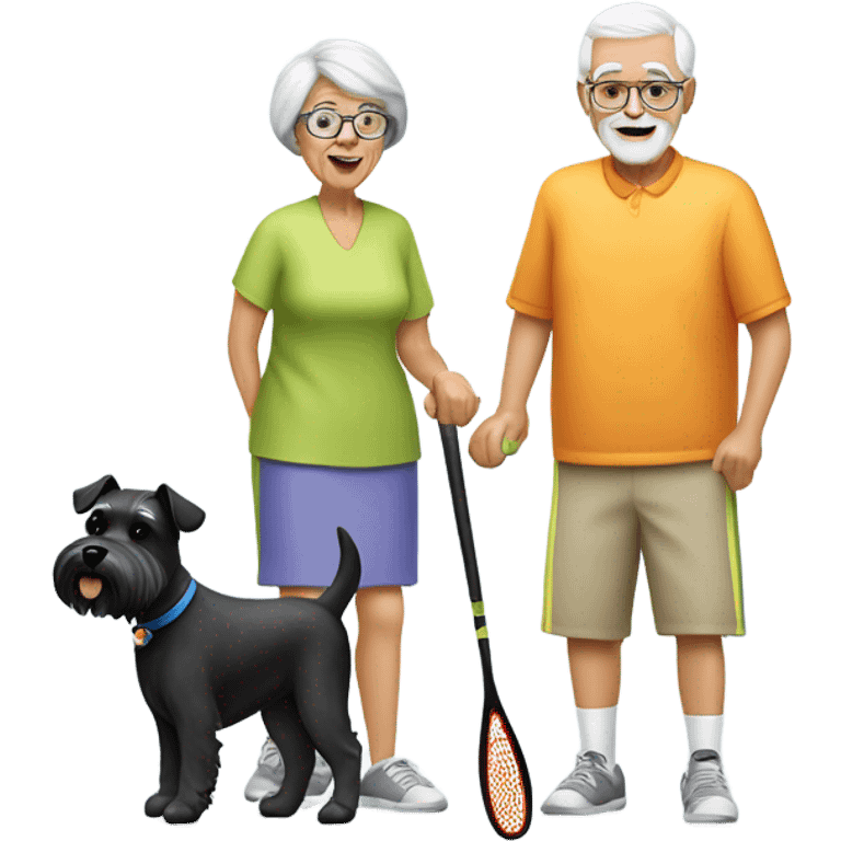 A grandma and a grandpa playing pickleball with a black and white schnauzer dog emoji