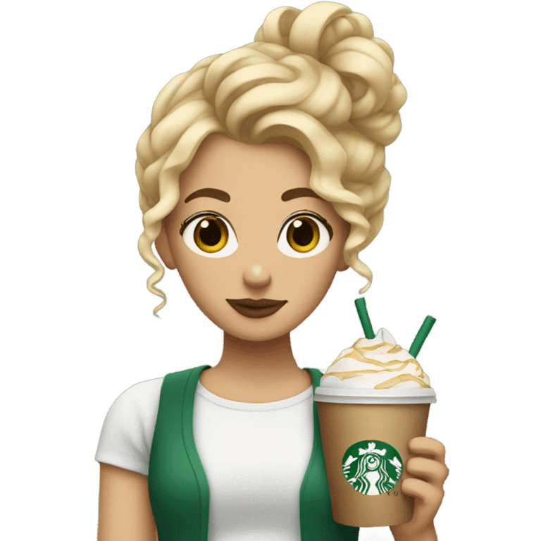 girl holding starbucks, blonde hair in a curly bun emoji