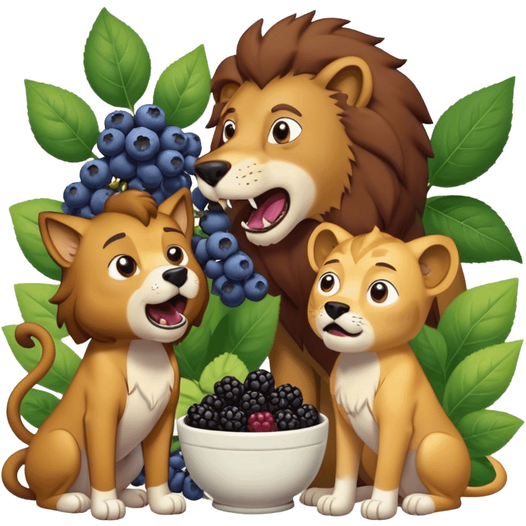 A dog barking at a lion while Rick and Morty from Rick and Morty eat blueberry’s and blackberries  emoji