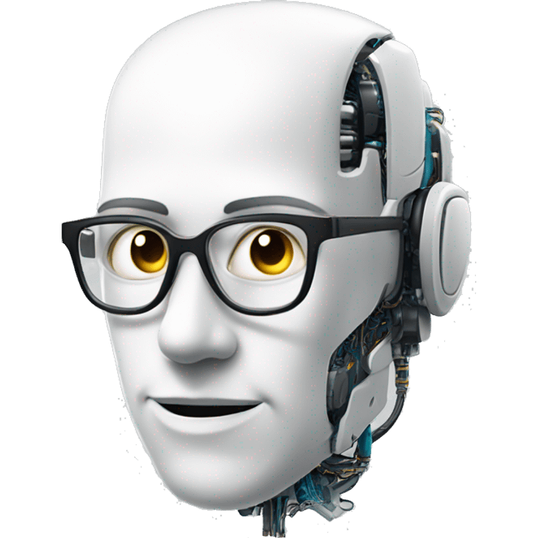 Robotic Cyborg head with fair skin, flat top haircut, rectangular glasses, circuits and smiling  emoji