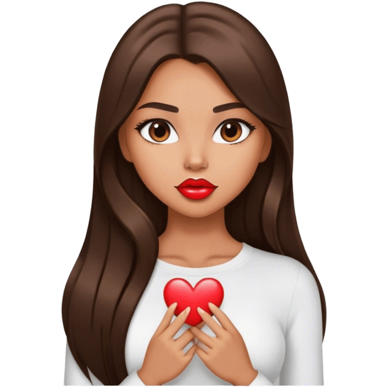 Model sexy tanned beautiful girl with pump lips and brunette straight long hair showing heart emoji