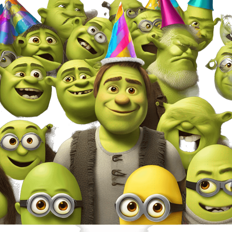 shrek with a birthday party hat surrounded by minions emoji