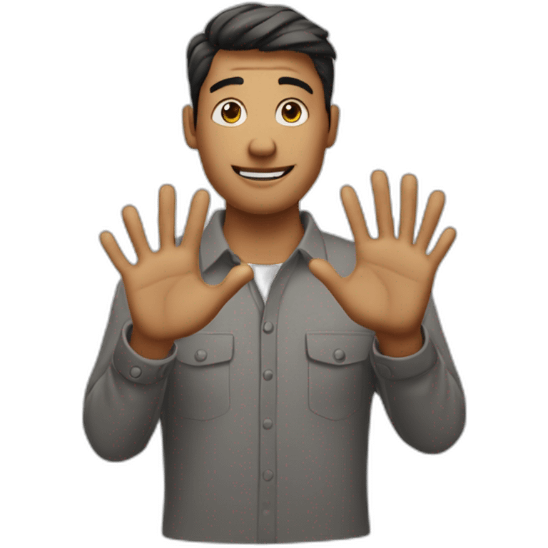 man with hands crossed in front of him. Hands in the air and 2 fingers on each hand sticking out emoji