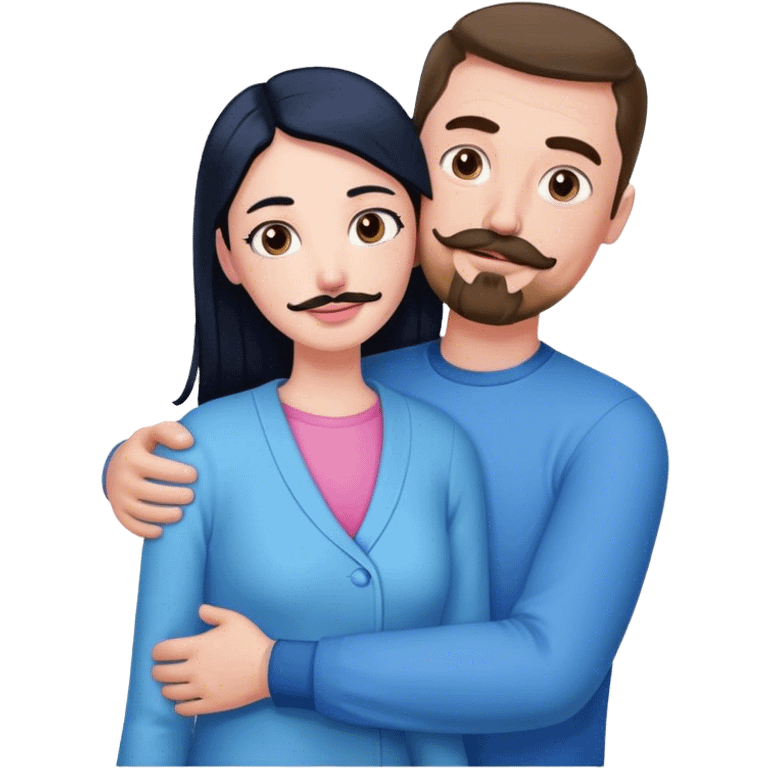 Tall white man with brown mustache goatee wearing blue hugging a short pale woman with long black hair wearing pink emoji