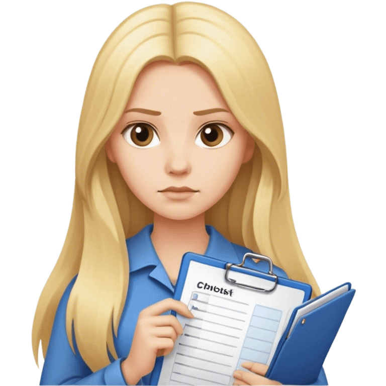 Woman with long blonde hair holding a checklist, looking serious at it emoji