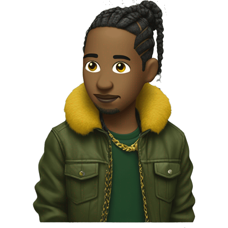 Side profile of a hip hop artist with braids. He has an arm extended down, holding a mic. He's wearing a very dark green crocodile jacket. The jacket has a furry yellow mustard collar.  emoji