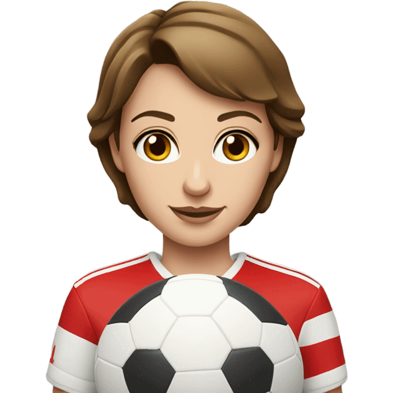 Pretty white woman with short brown hair holding a soccer ball and wearing an Arsenal jersey emoji