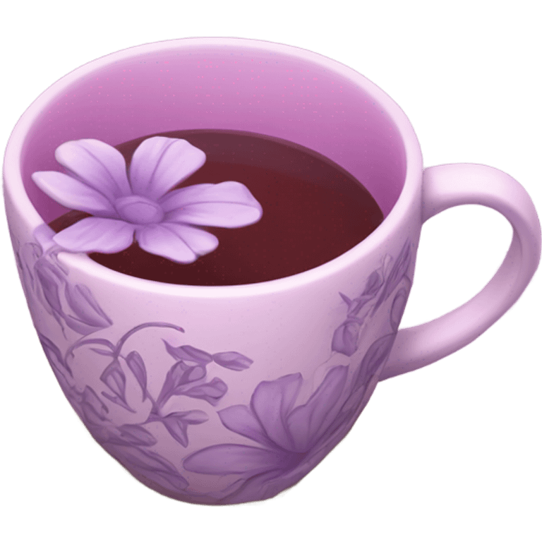 a beautiful aesthetic cup in pastel purple with a floral pattern in dark pink and next to it a love letter in purple  emoji