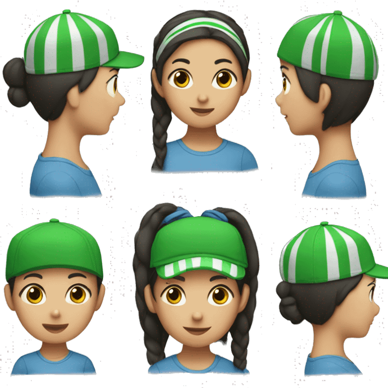 An Asian girl with her hair tied back, wearing a blue LA cap and a green striped T-shirt. emoji