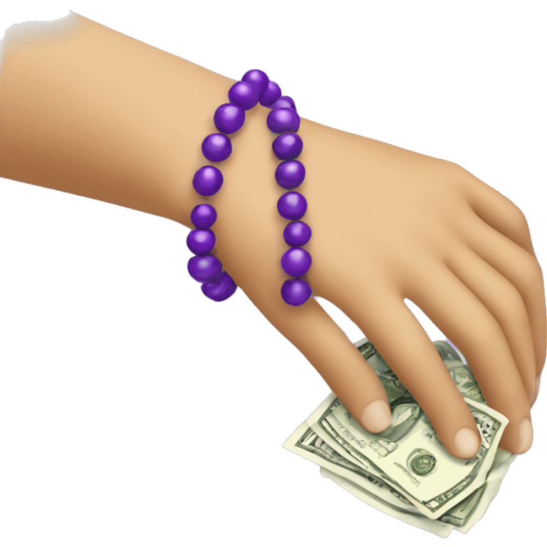 hand with purple bead bracelet holding money emoji