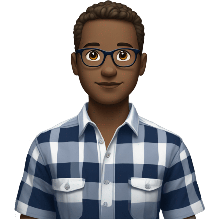 A young male teenager with facial stubble, thick black glasses, neatly trimmed short brown hair, exuding confidence, clad in an unbuttoned navy blue and white checked plaid short sleeve shirt. emoji