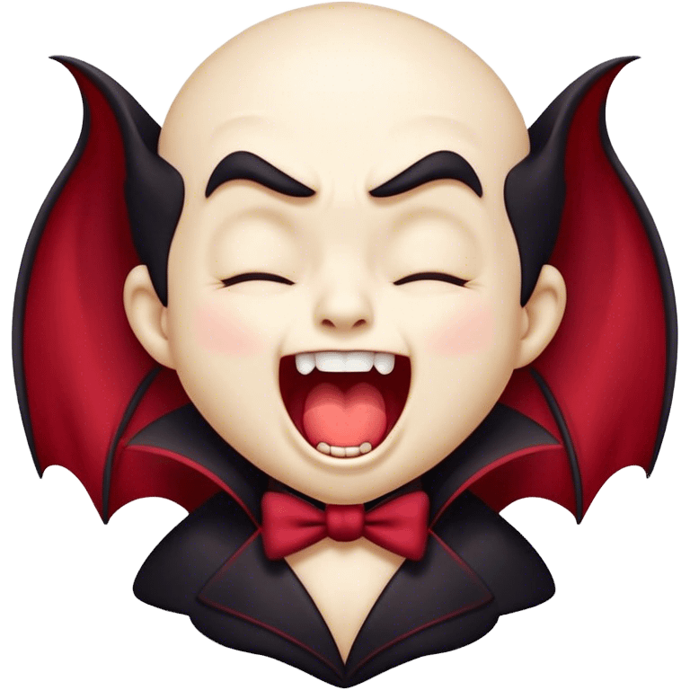 Cinematic Cute Yawning Vampire Portrait Emoji, with a small, rounded, charming pale face accented with tiny playful fangs and droopy, half-closed eyes, head tilted in an adorable wide yawn, dressed in miniature elegant dark attire with a hint of crimson, simplified yet irresistibly endearing, highly detailed with a soft, mysterious glow and gentle outline that captures the cute, drowsy side of an immortal! emoji