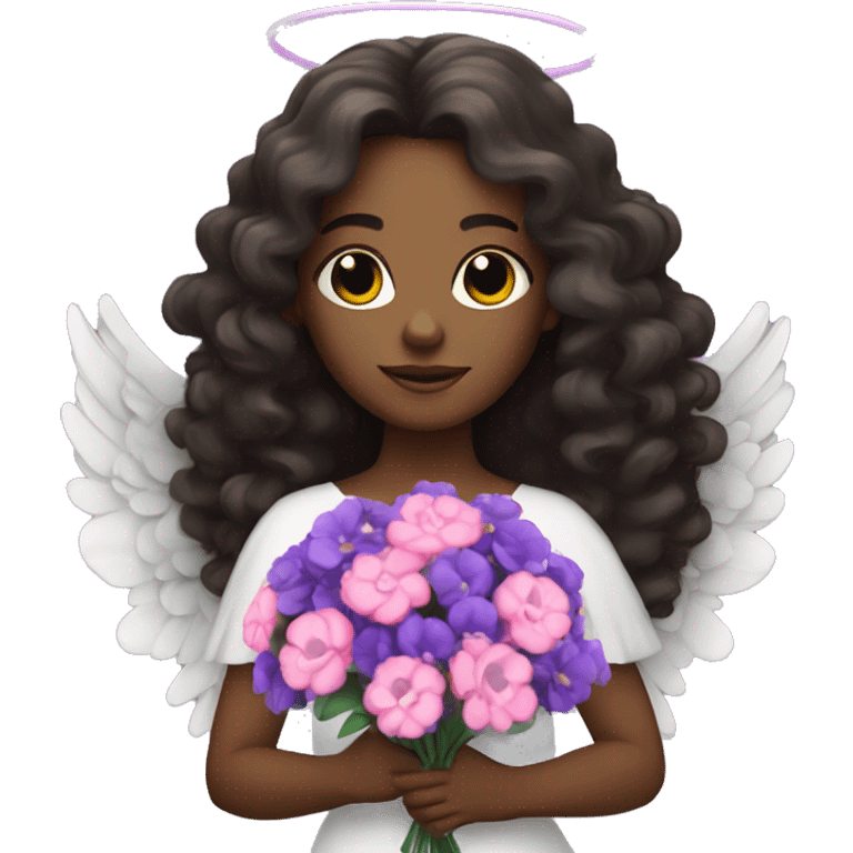 Black angel with long brunette curly hair holding bouquet of purple and pink flowers emoji