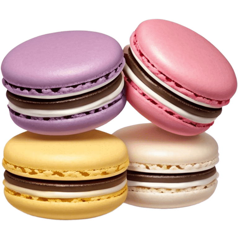 Cinematic Realistic Macaroon Dessert Emoji, showcasing colorful, delicate meringue-based cookies with a crisp exterior rendered with vibrant textures and playful, soft lighting. emoji