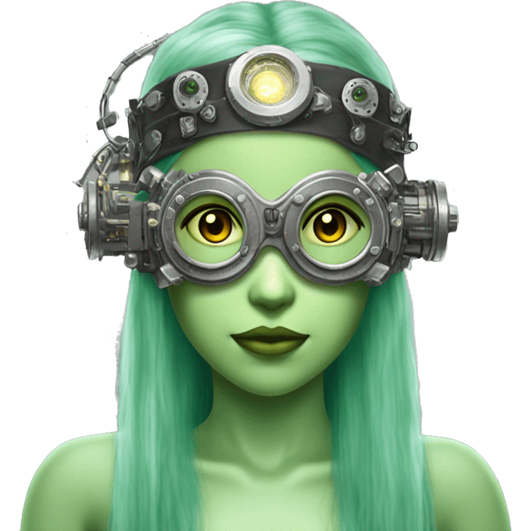 Light green long hair female cyborg head with silver steampunk goggles as a headband, circuits emoji