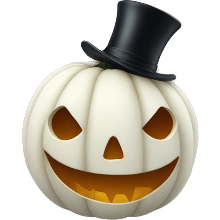 a white pumpkin with a face with a tongue out and a top hat  emoji