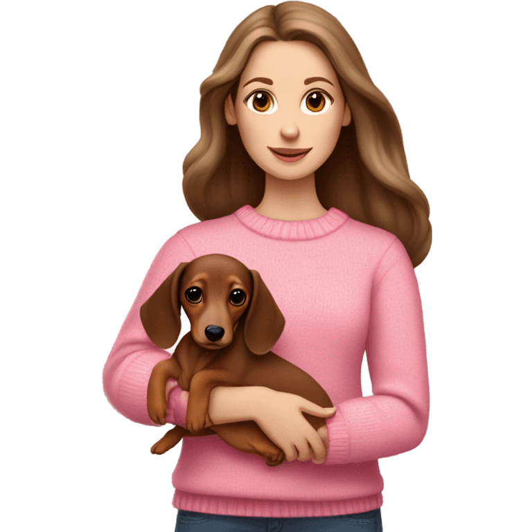 Brunette white girl with long hair in a pink sweater holds a brown and cream dachshund long haired puppy in her arms emoji