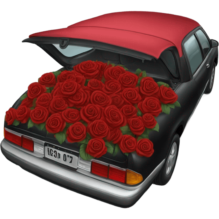 black open car trunk with red roses left in it emoji