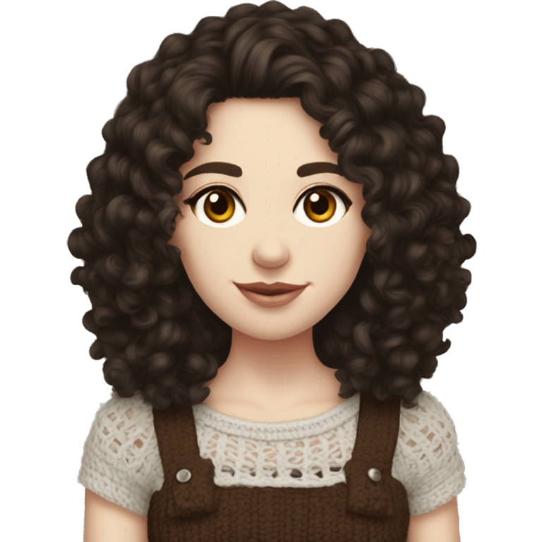 pale skin and dark brown eyes young adult with dark curly hair , crocheting a top  emoji