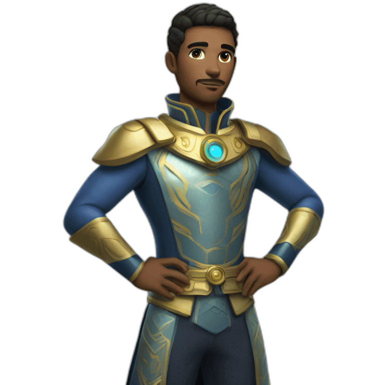 Male character with futuristic attire, wearing a combination of traditional royal clothing and modern tech-inspired accessories. emoji